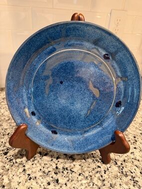 Handcrafted signed studio pottery plate with Blue Glaze Accent